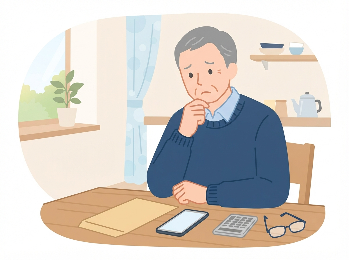 自宅の食卓で、年金の通知の封筒とスマホと電卓を前に、車のローンが組めるか考えこむ60代後半の男性