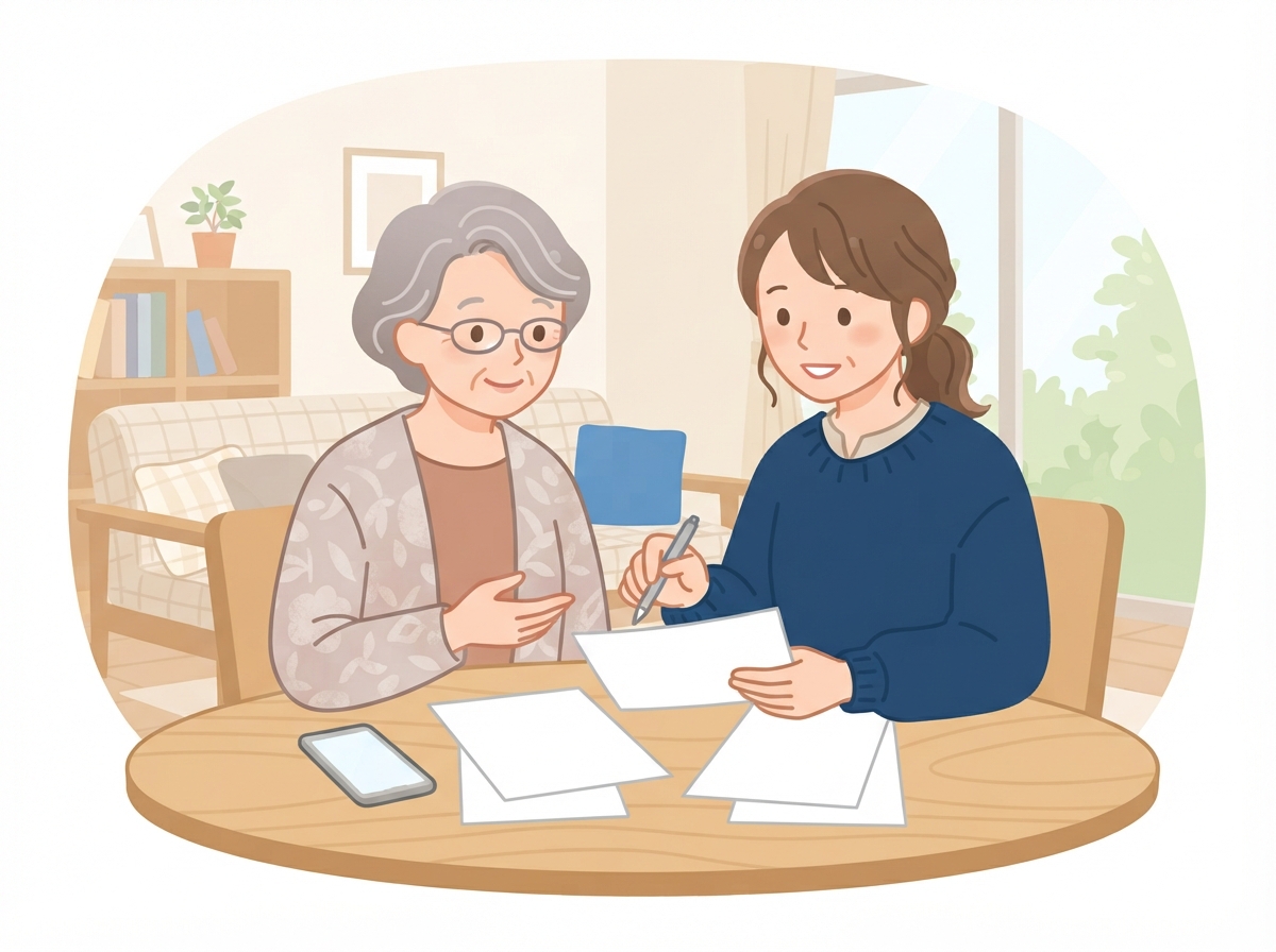 リビングのテーブルで、70代の母親と40代の娘が書類とスマホを見ながら、車の買い方や保証人について落ち着いて話し合っている