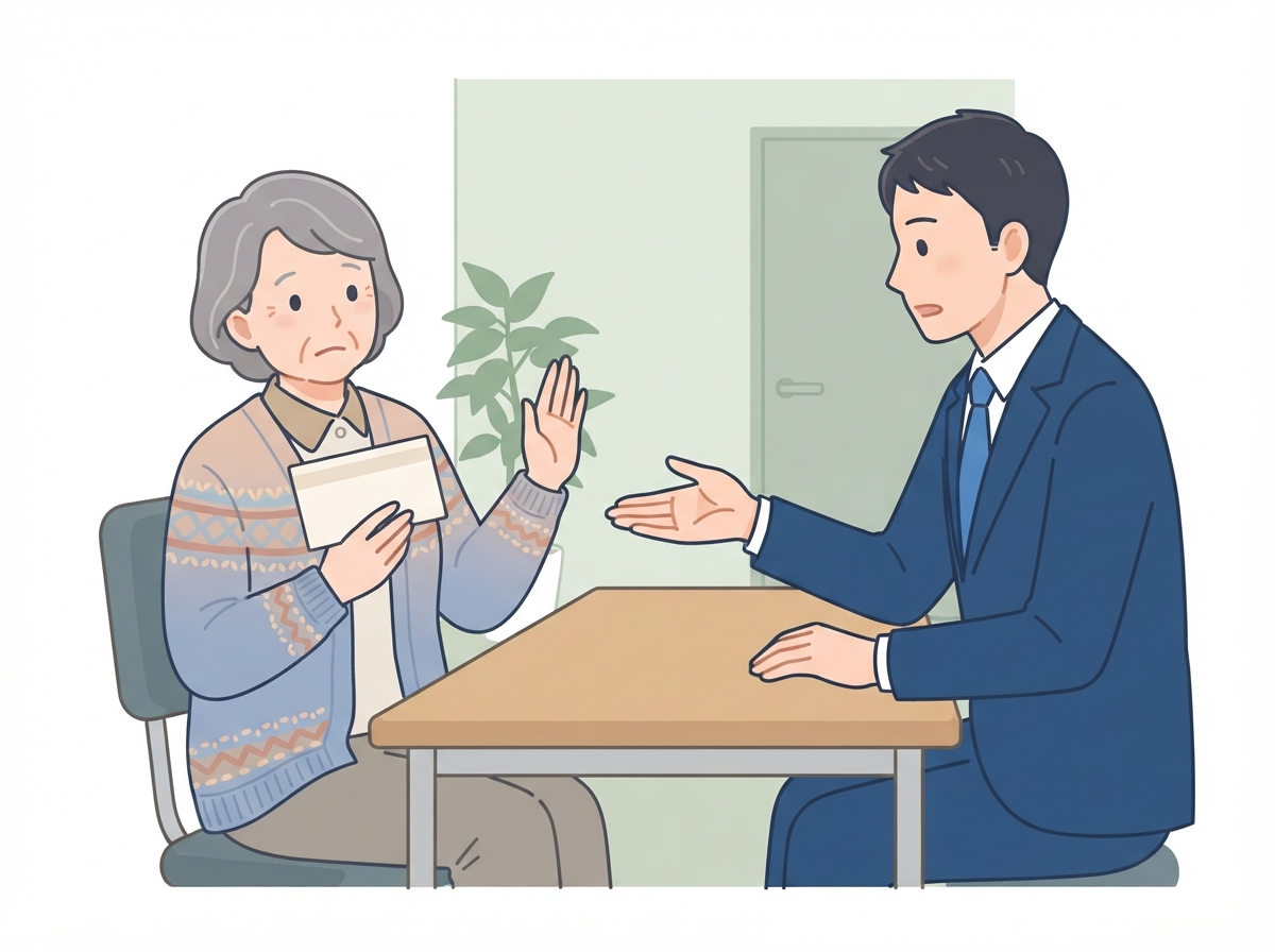 小さな事務所で、通帳を胸に抱えた70代の女性が、通帳を預けるよう求めるスーツの男性に手を上げて断っている