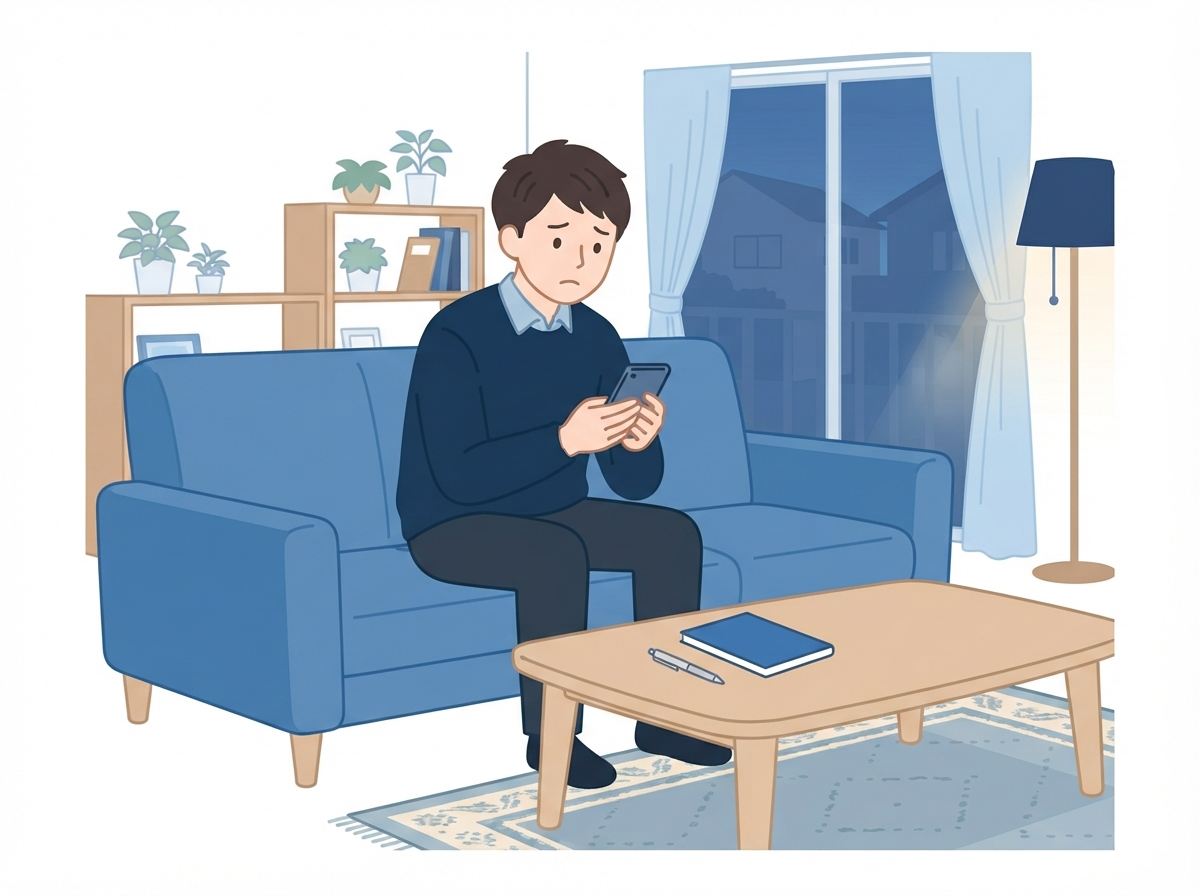夜、自宅のソファでスマホを見ながら、車のローンに落ちたあと次にどうするか考えている男性