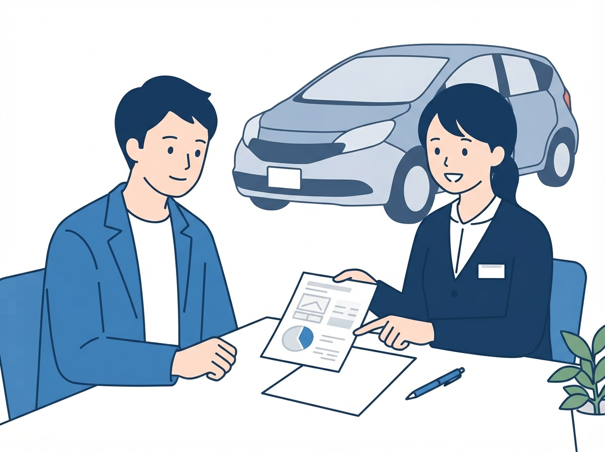 中古車店でお店の人から毎月の支払いの計画の説明を受けている男性