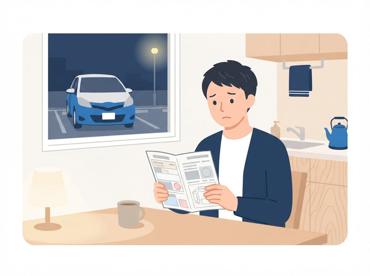 夜の台所で車検証を見ながら、個人再生をすると車のローンが残っている車はどうなるか考えている男性