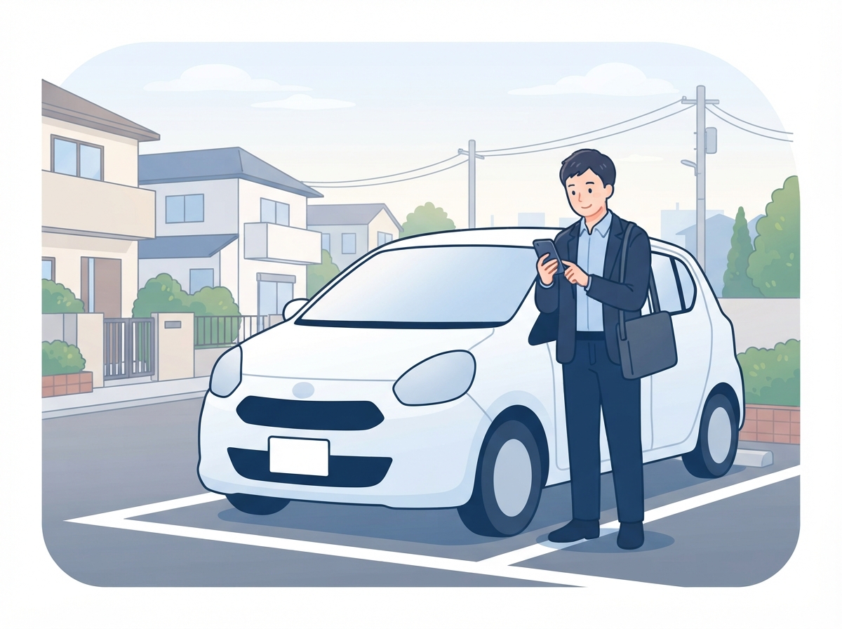 朝の住宅地のカーシェアの駐車場で、スマホで予約を確かめて通勤に車を使う男性