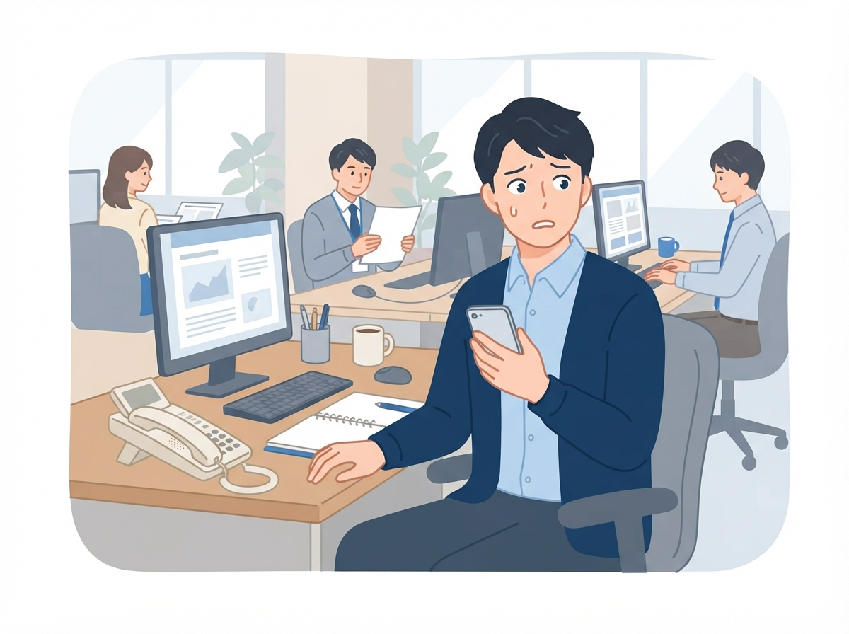 職場の机で、会社の電話を気にしながらスマホを見ている会社員。在籍確認で勤め先に電話がかかってくるのを心配している