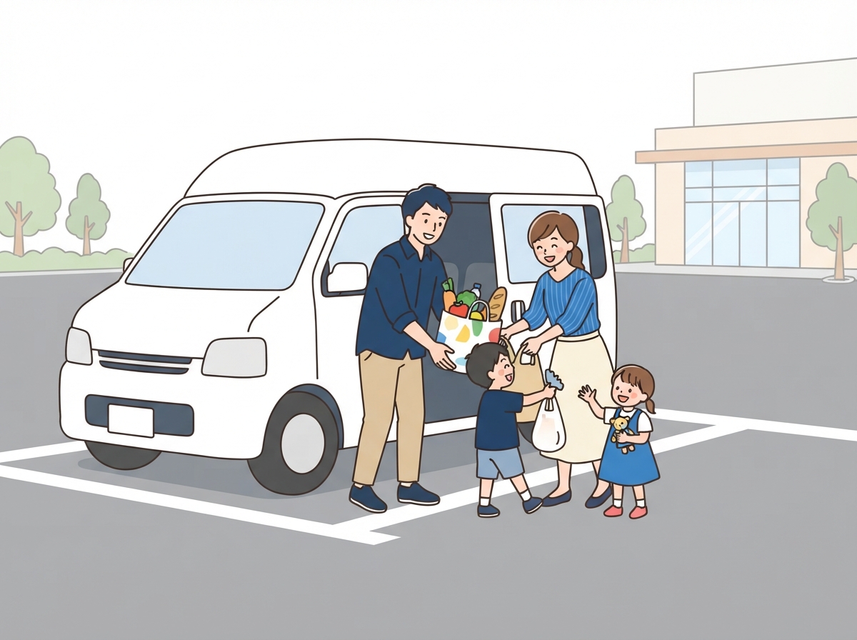 スーパーの駐車場で家族がミニバンに買い物袋を積み込む様子