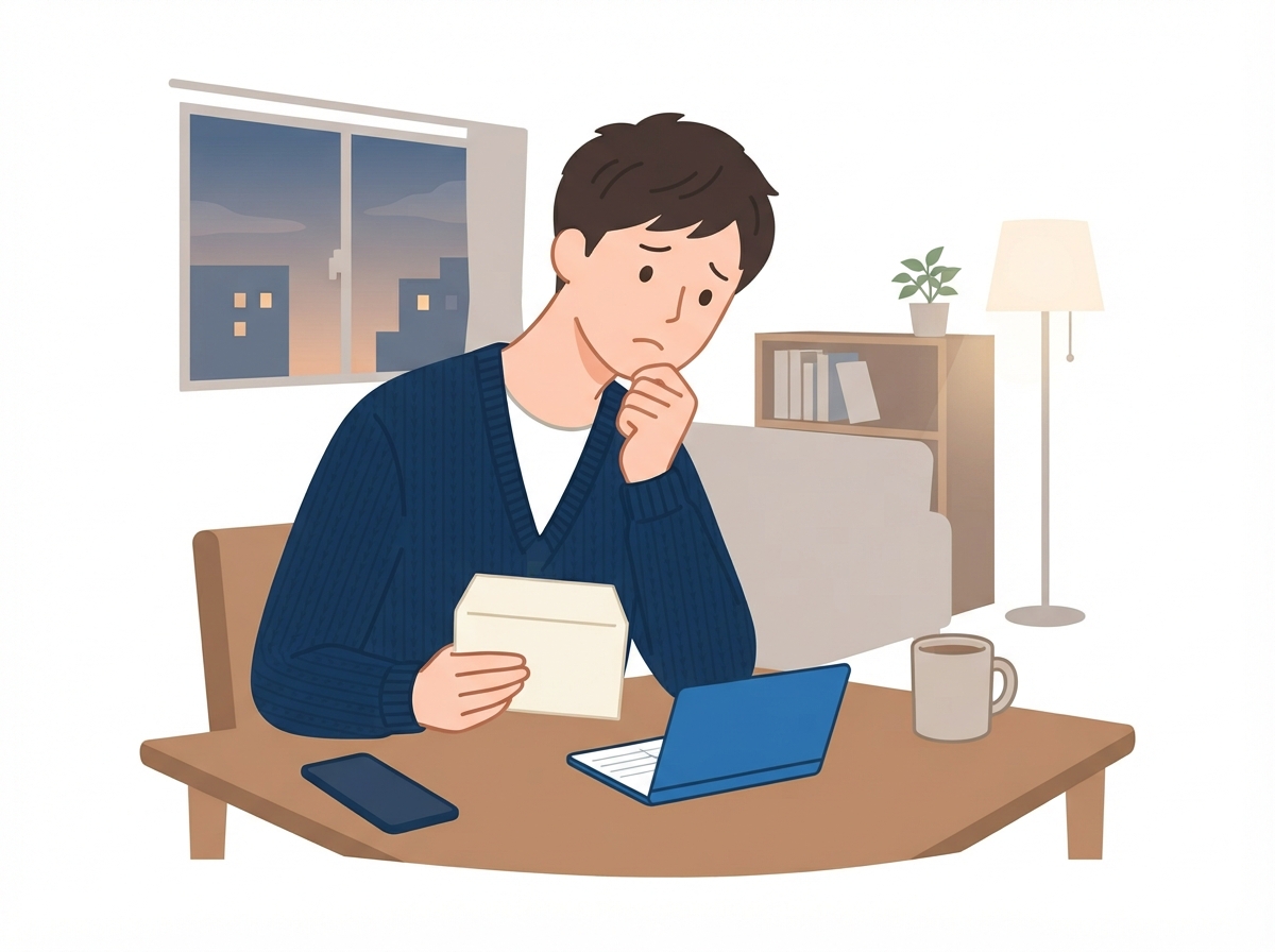 夜の部屋で、届いた封筒を手に、奨学金の延滞があっても車のローンを組めるか考えている若い男性