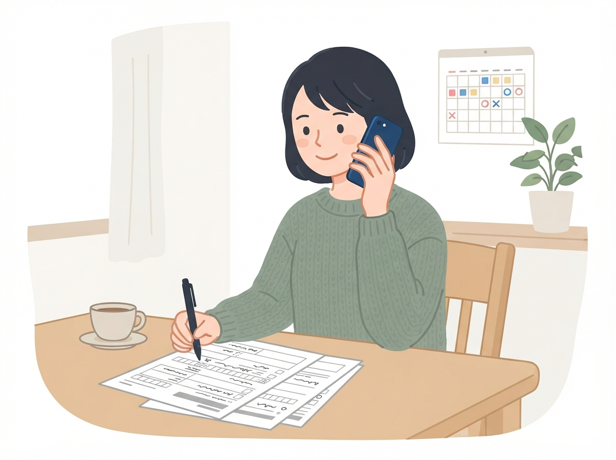 自宅で電話をしながら、奨学金の返還期限猶予の申込書を書いている女性