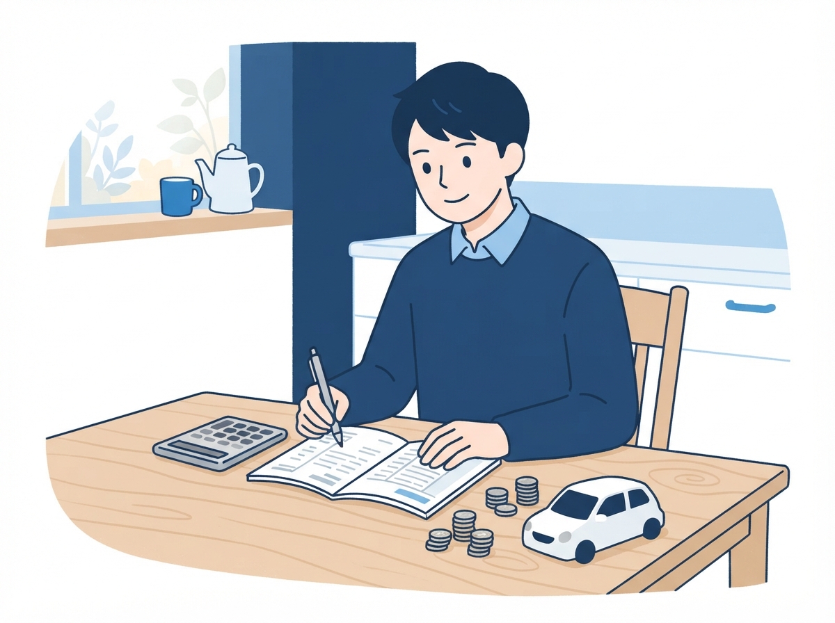 台所のテーブルで電卓とノートを使い、奨学金の返還と車のローンを両方払える月々の予算を考えている男性