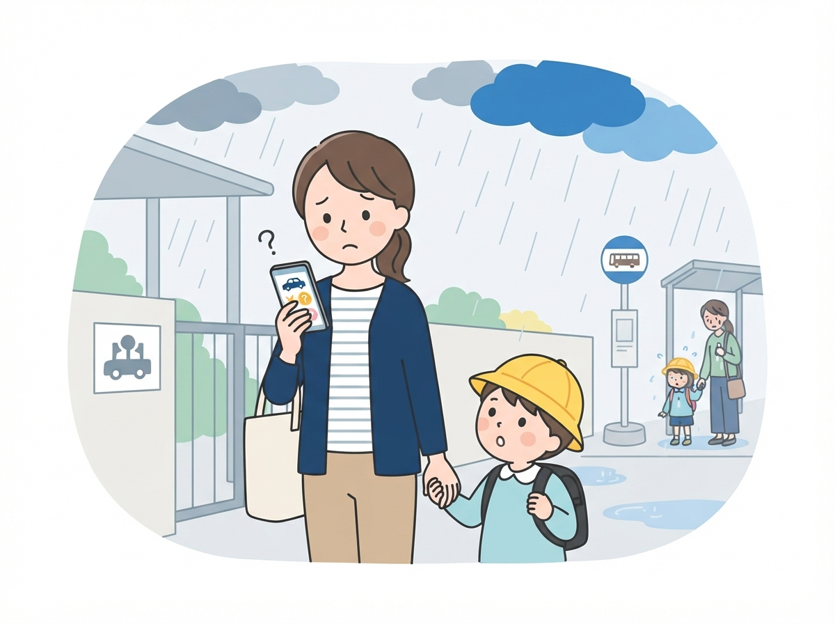 保育園の前で、子どもの手を引きながらスマホで車のローンを調べているシングルマザー