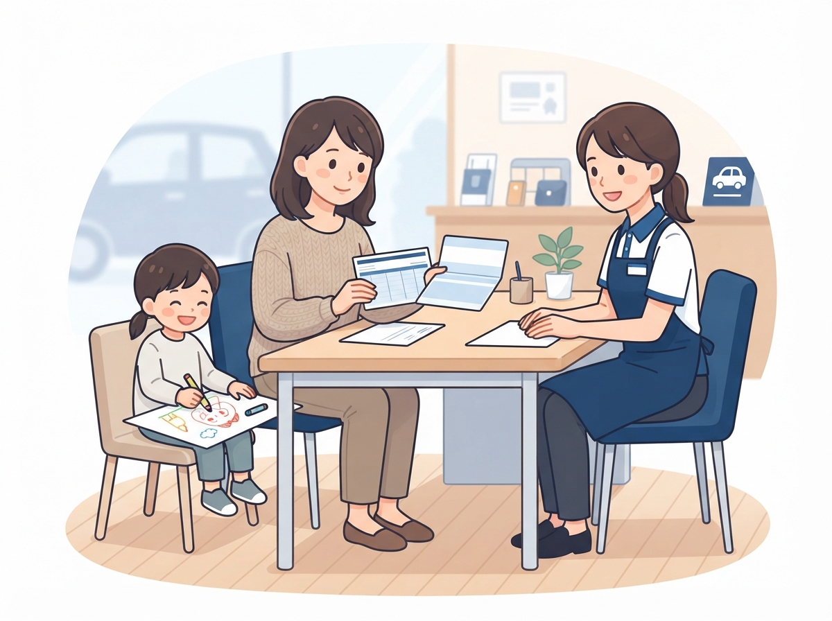 中古車店の相談席で、子どもを隣に座らせながら給与明細や通帳を見せて相談するシングルマザー
