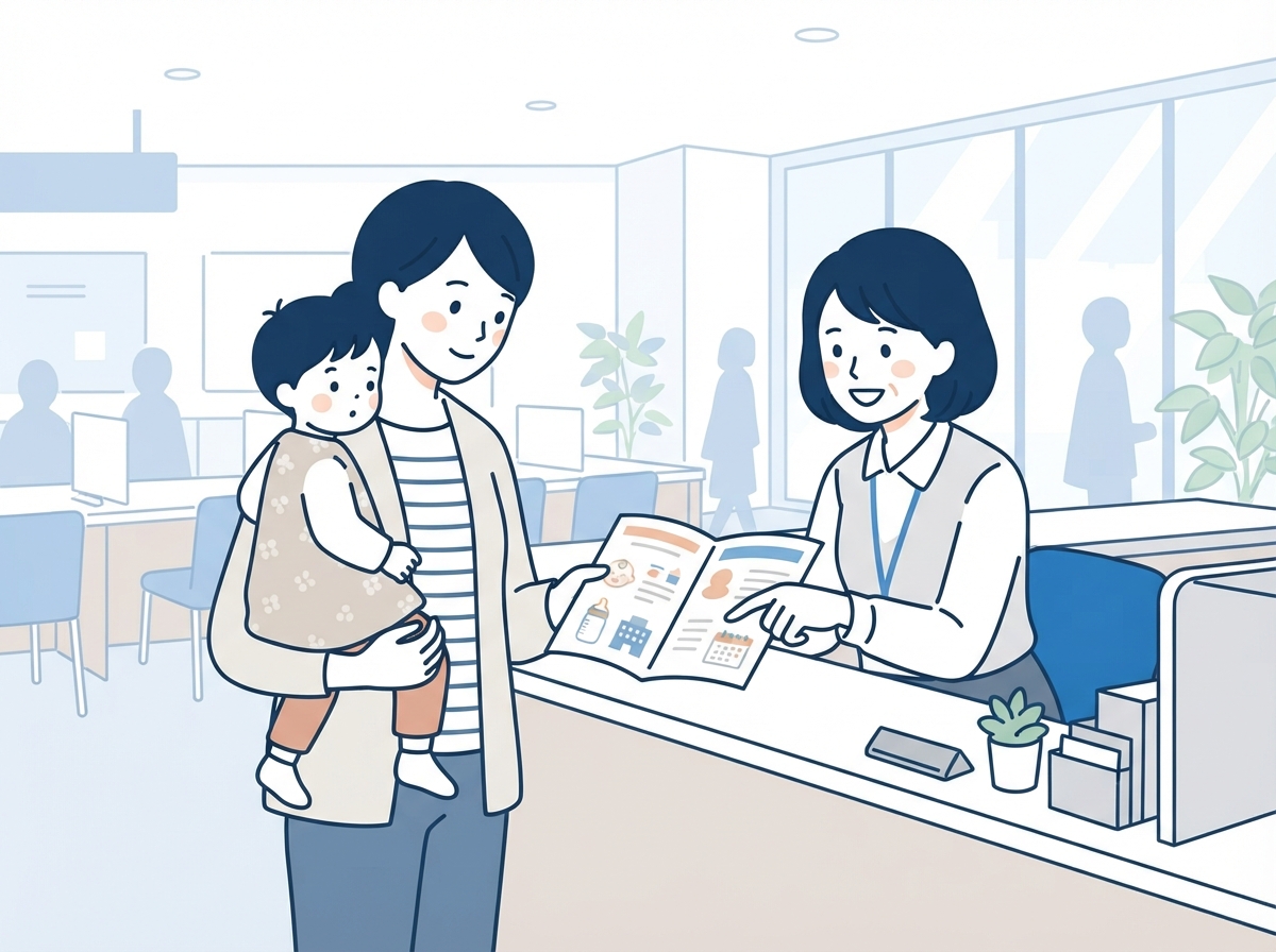 市役所のひとり親の相談窓口で、子どもを抱っこしながら貸付のパンフレットを見て相談する母親