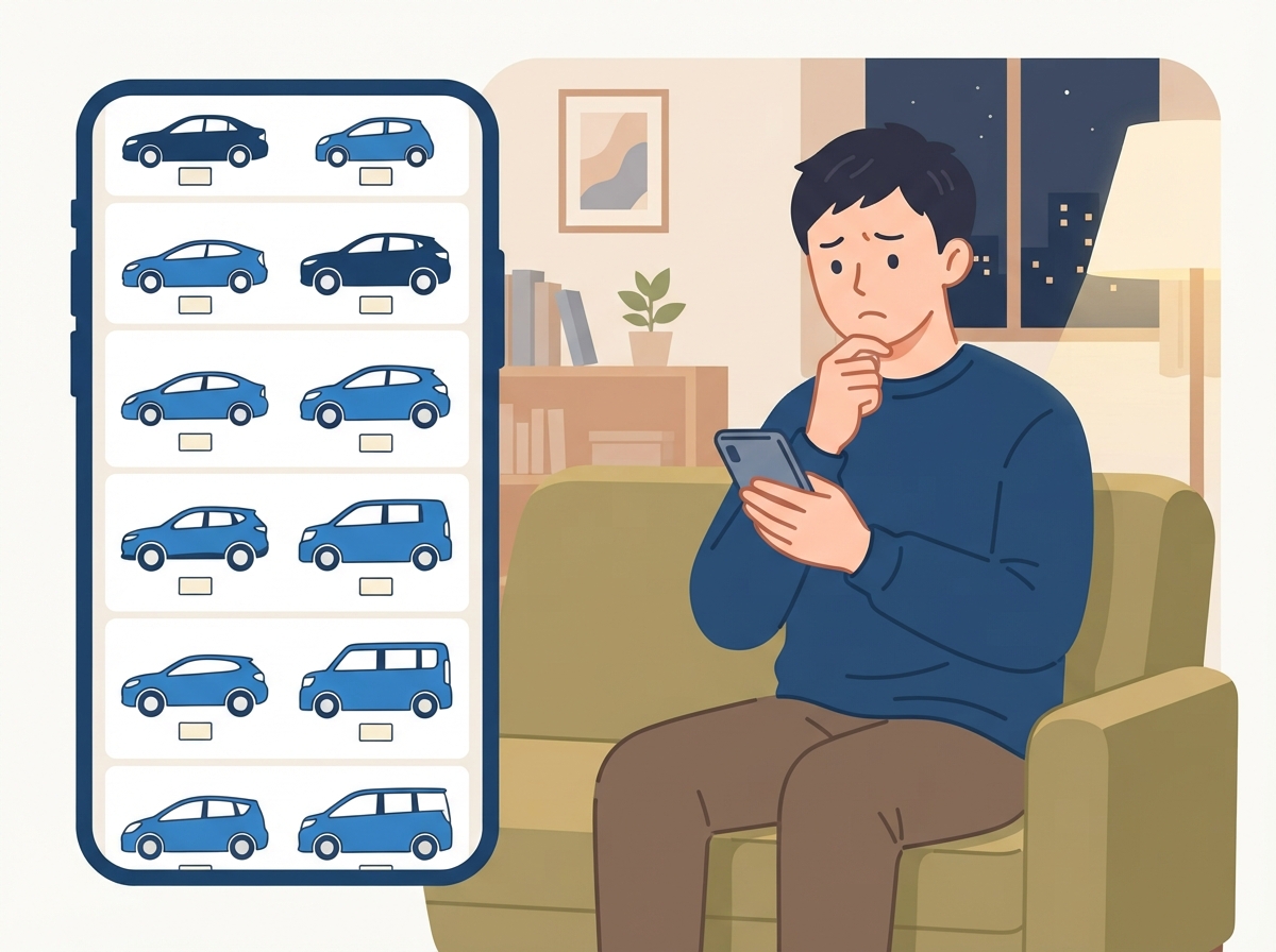 夜の部屋でソファに座った男性が、スマホで中古車の一覧を見ながら考えている