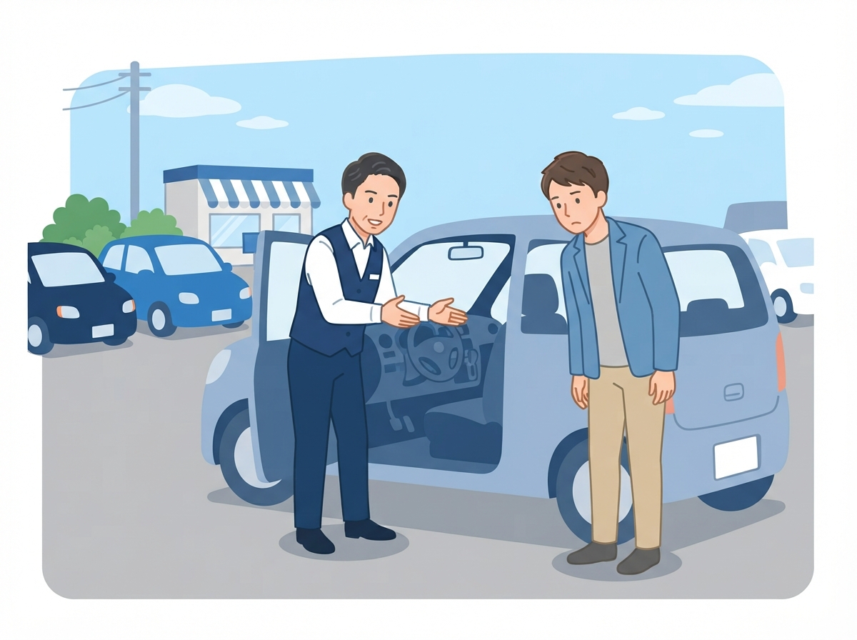 中古車店でスタッフと男性が小さな車のドアを開け、運転席まわりの状態を一緒に確かめている