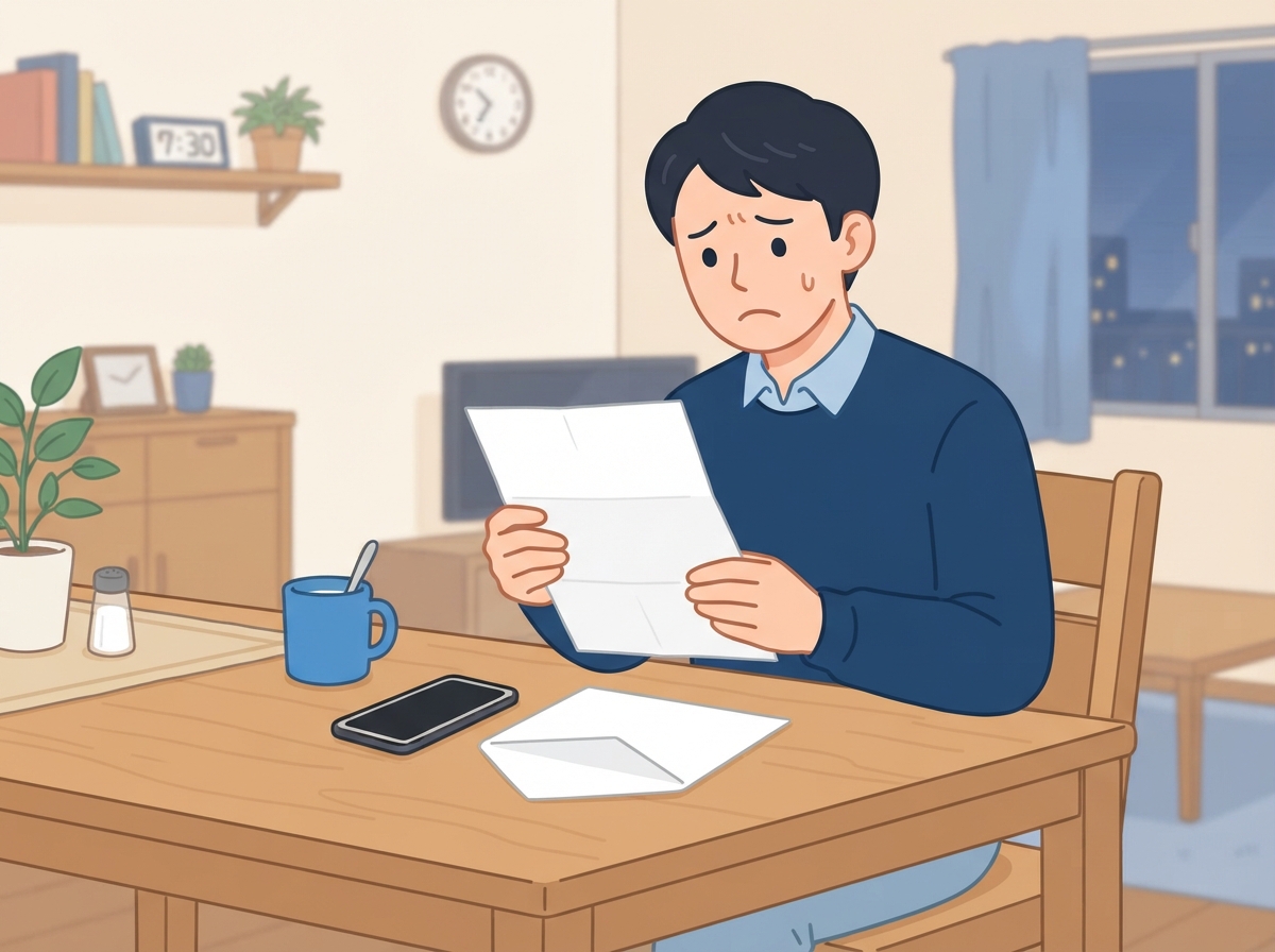 夜、自宅のテーブルで保証会社から届いた代位弁済の通知を読み、車のローンはもう組めないのかと不安そうにしている男性
