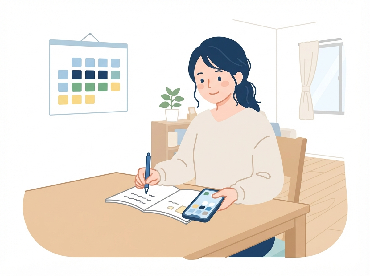 テーブルでスマホを見ながら、代位弁済の記録が消えるまでの年数をノートに書き出している女性