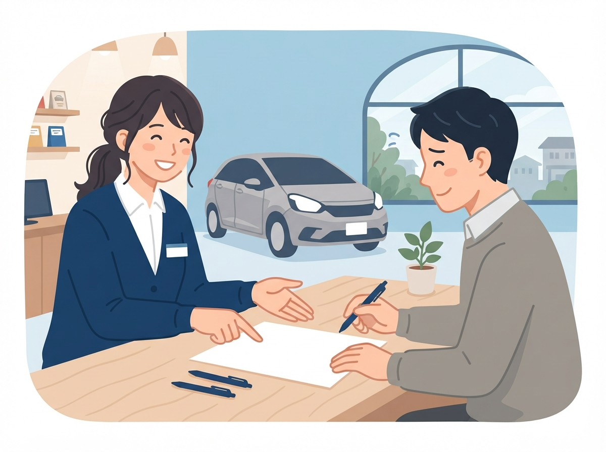 中古車店でお店の人から毎月の支払いの計画の説明を受け、ほっとした様子の男性