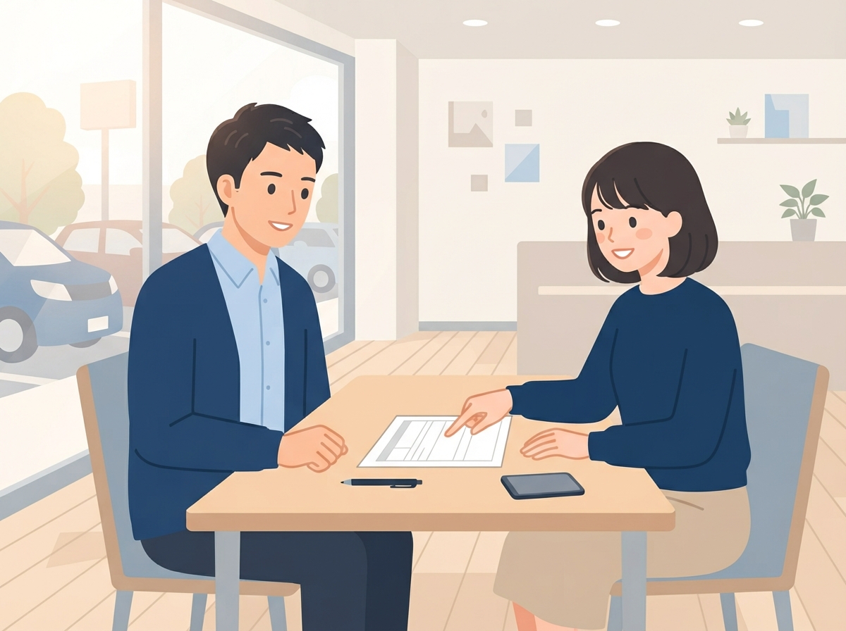 中古車店の商談の席で、若い女性が申込書の勤め先の欄を指しながら、スタッフに落ち着いて相談している