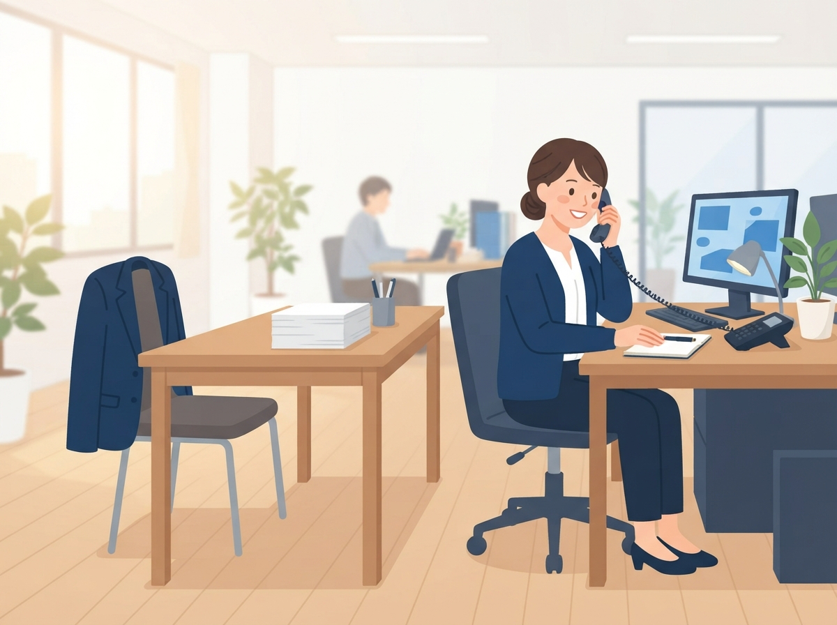 職場で女性社員が机の電話に出ていて、隣の空いた席の椅子には上着が掛かっている