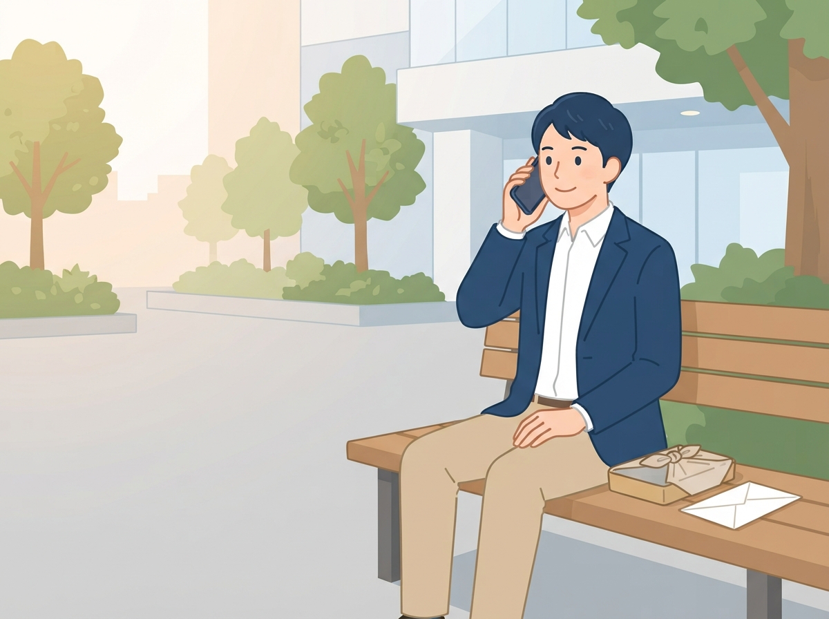 昼休みに職場の外のベンチで、男性が落ち着いてスマホで電話をしている
