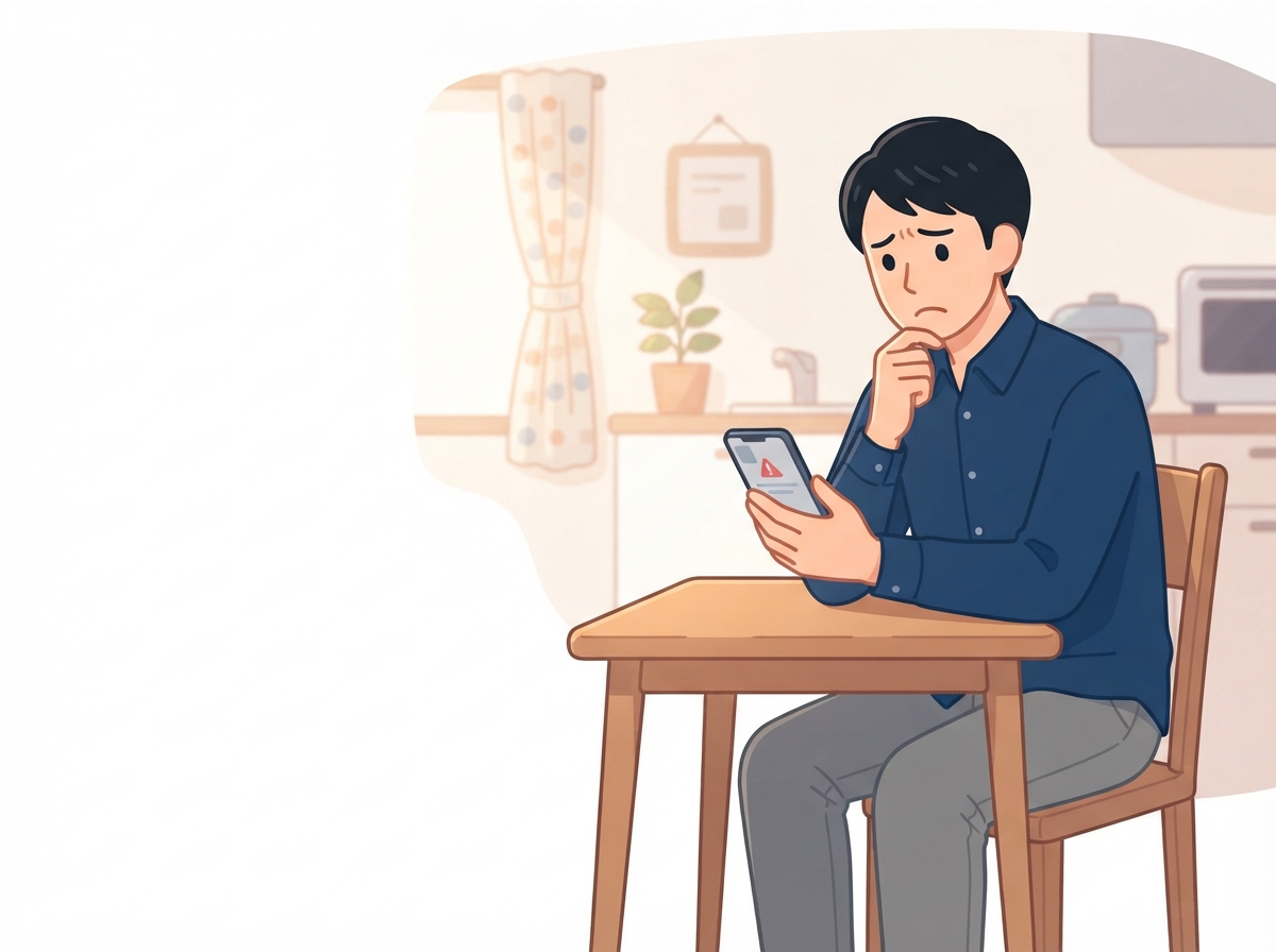 台所のテーブルで男性がスマホに届いたローンの結果を見て困った顔をしている
