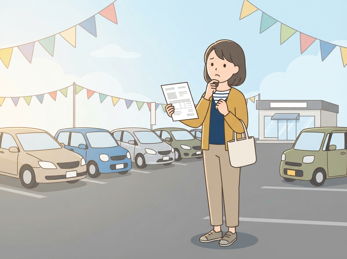 中古車店の駐車場で女性が見積書を手に、本当にこの額で買えるのかを考えている