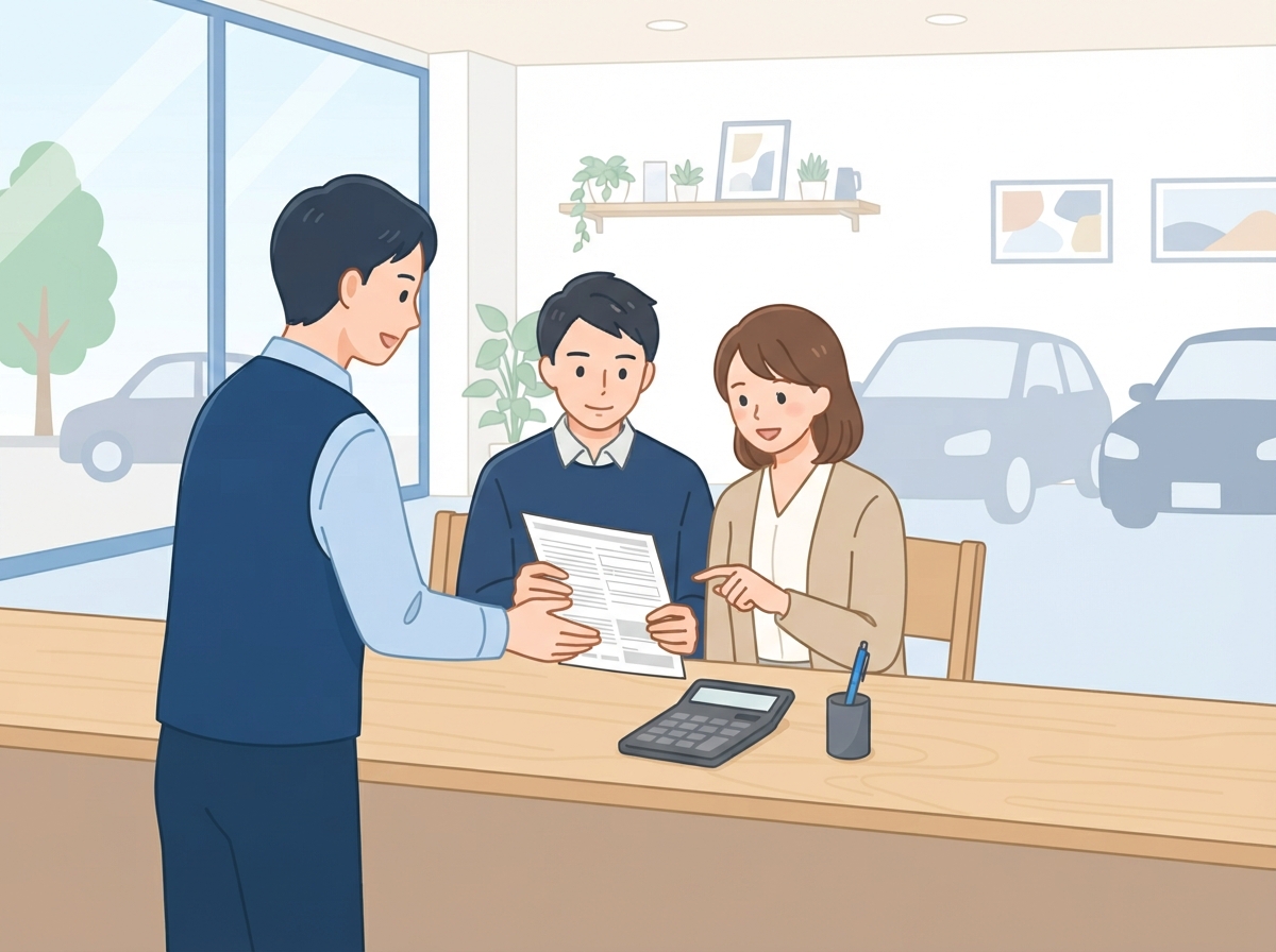 中古車店のカウンターでスタッフから契約書を受け取り、夫婦が電卓を前に中身を確かめている